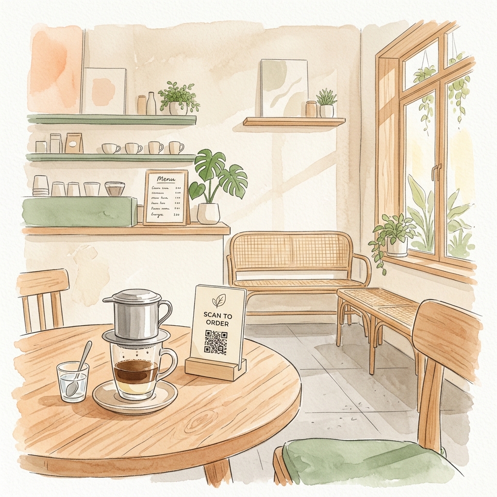 Doi Xiu — Warm minimalist flat watercolor sketch of a cozy Vietnamese coffee shop and QR ordering stand